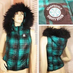 Vintage Y2K Aeropostale Womens Puffer Vest Hoodie Jacket S Fur Zip Plaid Preppy